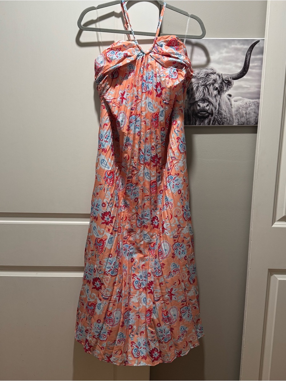 orange and paisley pleated maxi dress
